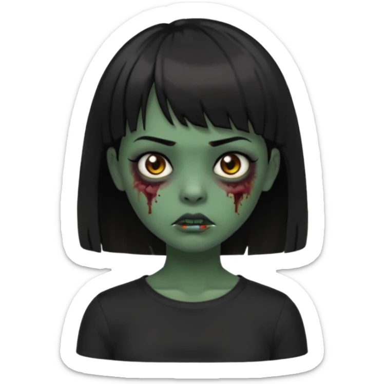 Zombie girl emoji verde escuro com cabelo curto liso preto no ombro e franja na altura da sobrancelha com uma blusa preta sticker