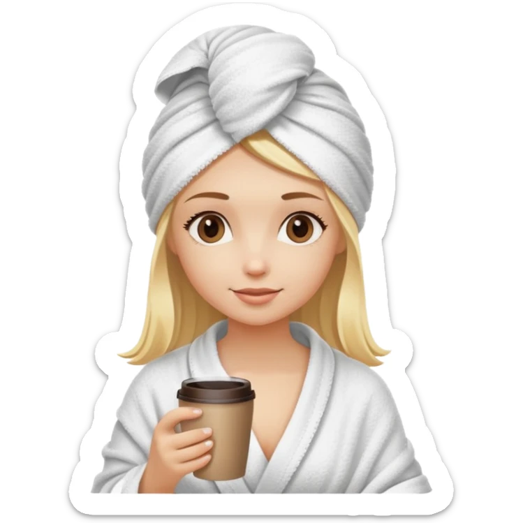 Chica con café en la mano rubia con toalla puesta en la cabeza y el cuerpo sticker