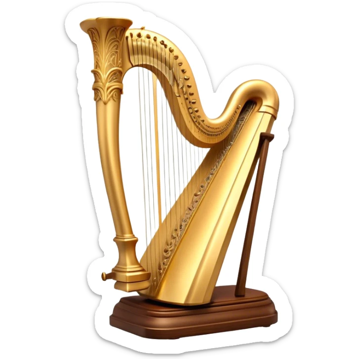 Cinematic Realistic Harp, a grand golden harp with intricately carved details, delicate strings shimmering under soft candlelight, rich wood tones adding warmth, a musician’s gentle fingers plucking a note, glowing with an ethereal and majestic aura. sticker