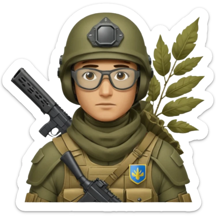 Ukrainian Intelligance agency warrior man in Ferro concept platecarrier with CZ BREN 2 riffle in helmet TOR-D, balaclava, poncho with leafs and ballistic assult glasses sticker
