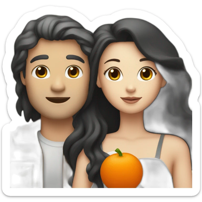 A couple consisting in a white man with long black hair and a blonde white woman holding an orange and white cat with long hair sticker