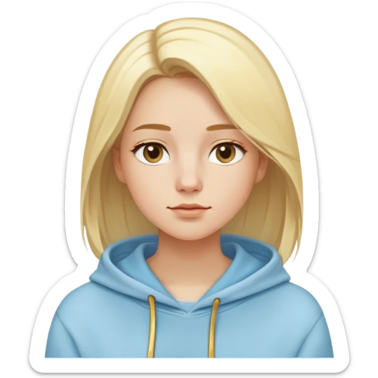 Woman with oval face, light blonde straight hair parted to the side, dreamy expression, wearing a light blue hoodie with gold and white accents sticker