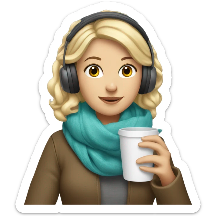 Blonde girl wearing a scarf, hand holding a cup and wearing headphones  sticker