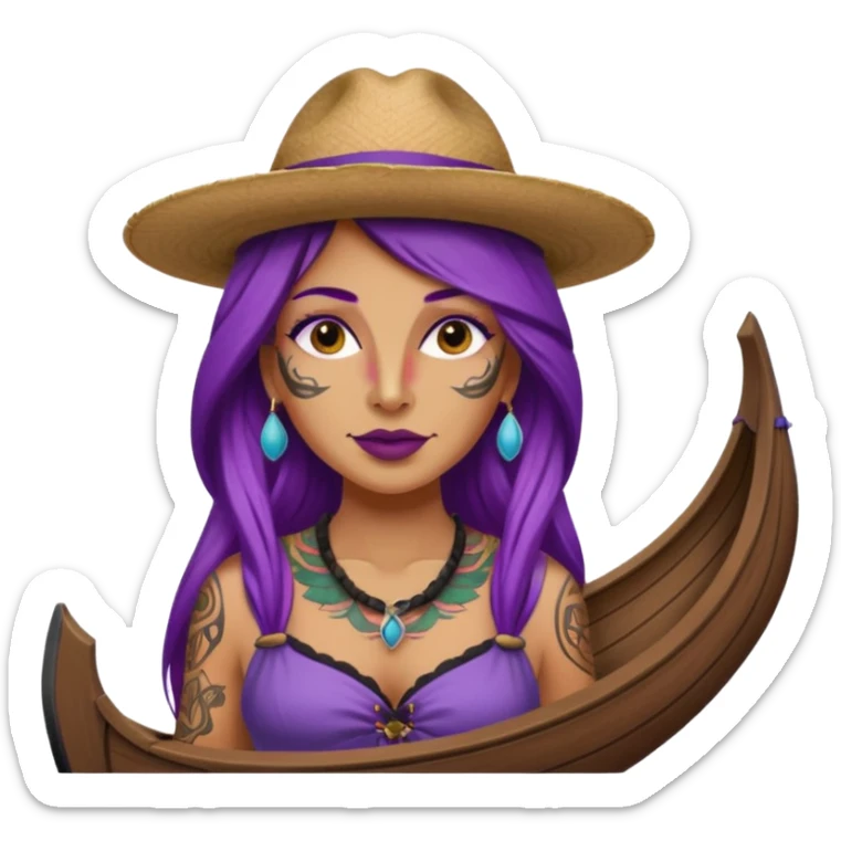 tattoed face venice gondolier with iconic hat woman purple long hair sticker