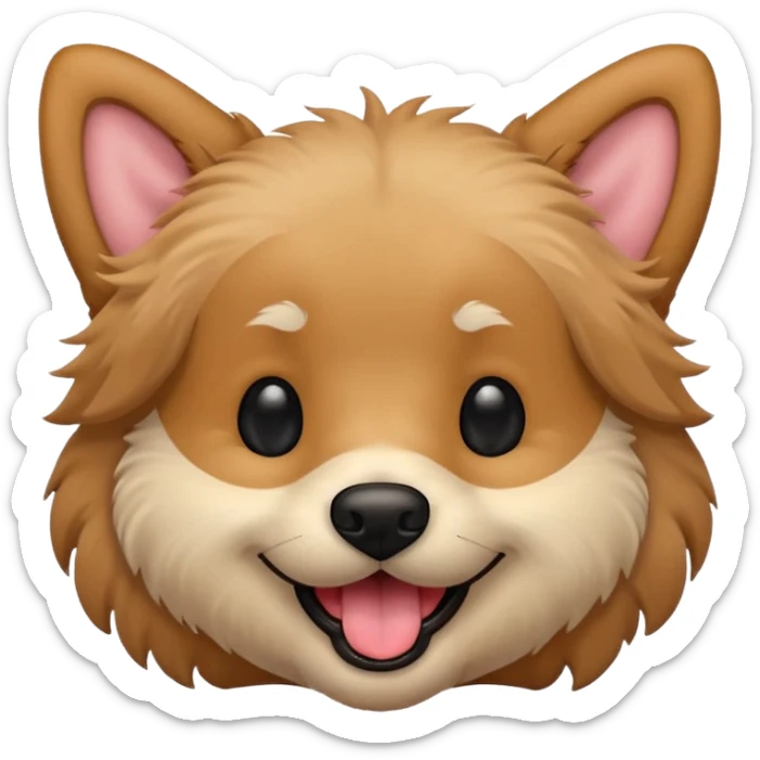 Dog face only, light brown fluffy dog, darker ears, small black nose, happy smiling with tongue out, simple emoji icon. sticker