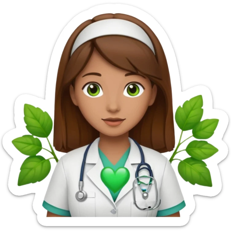 Brown hair Nurse with green heart and plant surround her  sticker