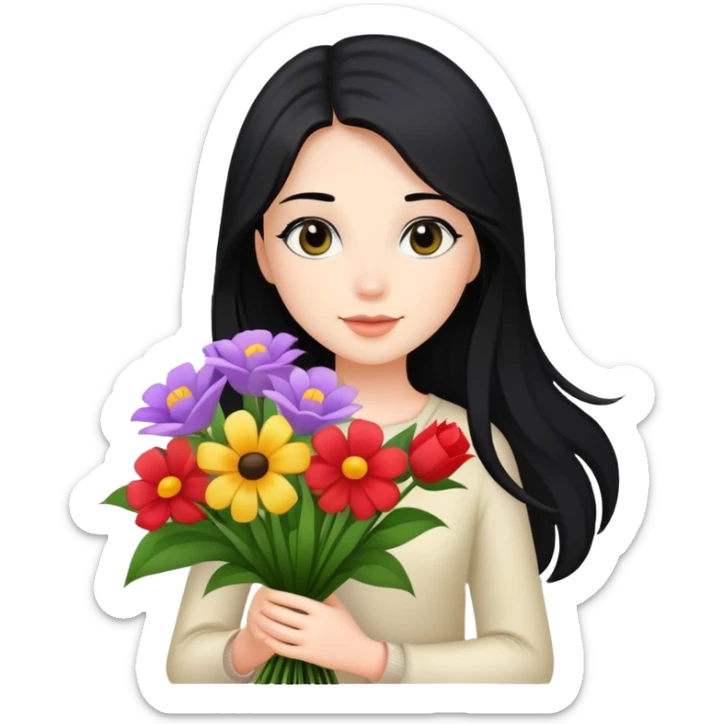 Beautiful girl with long black hair holding a bouquet of flowers sticker