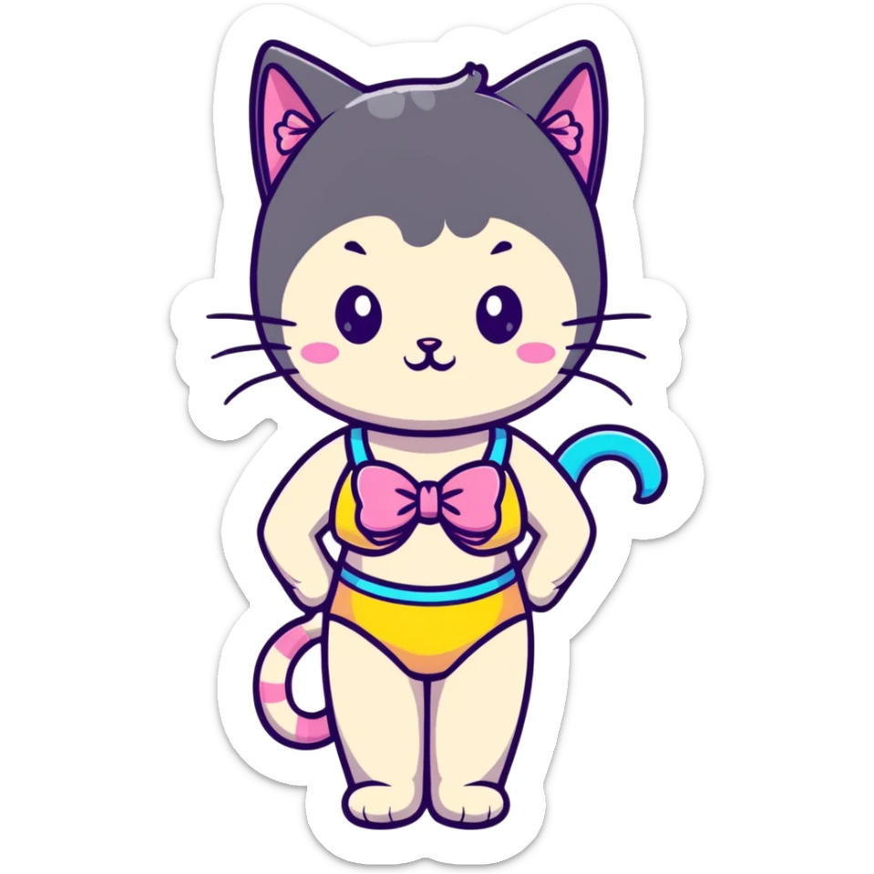 Cute short cat girl with bow, big head and small body in a colorful swimsuit, kawaii style sticker