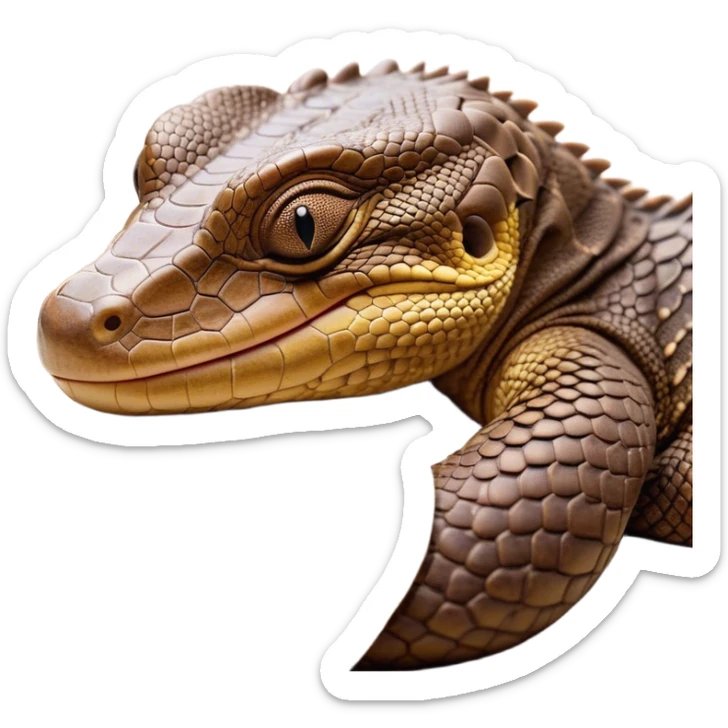 Meme-Worthy cute Sleeping Monitor Lizard Portrait Emoji, Head resting peacefully with a contented smile, showcasing intricately patterned scales and eyes gently closed in serene slumber, Simplified yet comically adorable features, highly detailed, glowing with a soft, drowsy earthy light, high shine, relaxed and utterly lovable, stylized with an air of playful laziness, bright and heartwarming, soft glowing outline, capturing the essence of a sleeping reptilian guardian that feels destined to become the next viral icon of adorable rest! sticker
