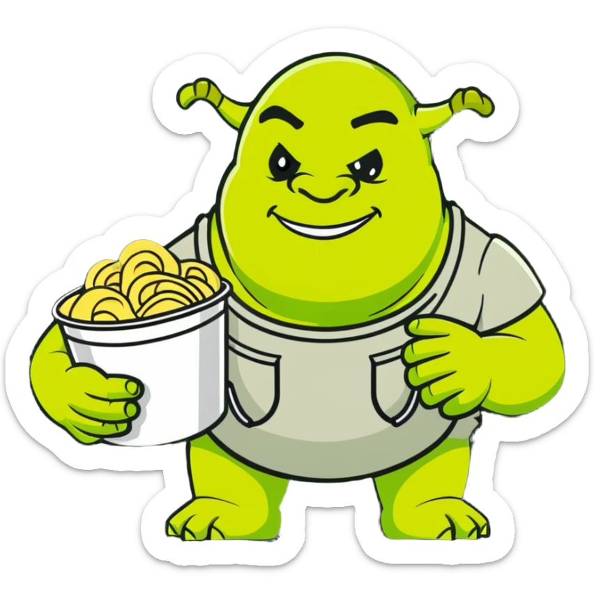 Shrek the green ogre holding a bucket of carbonara pasta sticker