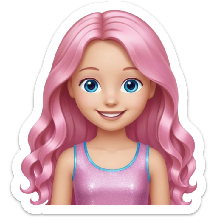 A digital portrait of a girl with long flowing hair, wearing a sparkly pink top, exuding a joyful smile with blue eyes and a gentle, doll-like look sticker