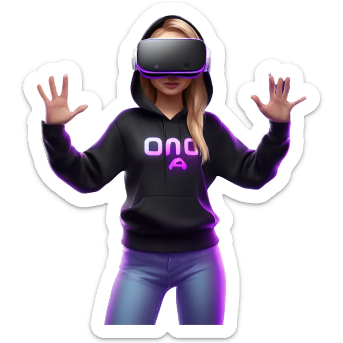 Russian girl wearing black hoody with violet letters "OMG", in vr headset oculus quest2. Standing like jedi. Cyberpunk style. Violet neon. sticker