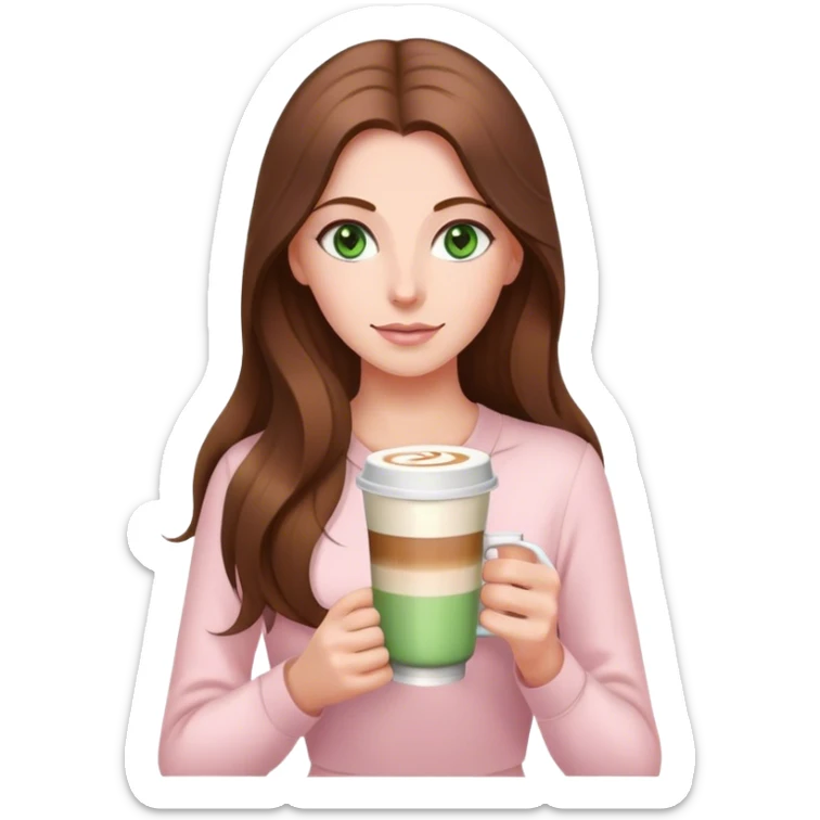 pretty woman with very long brown hair and green eyes and light pink outfit with a latte sticker