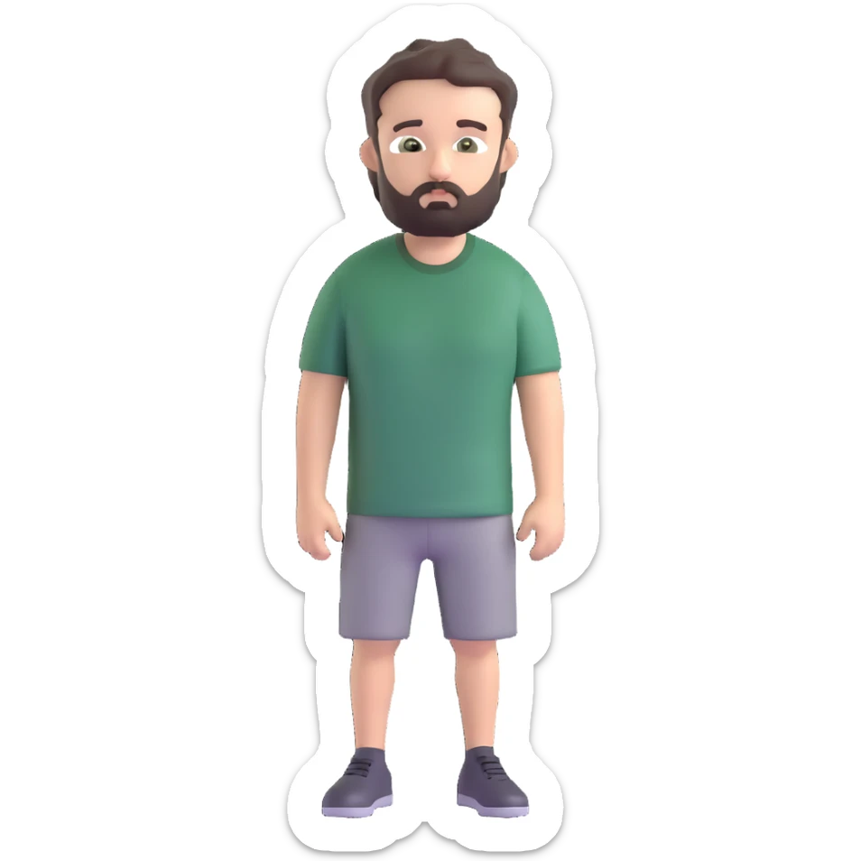 white man with dark messy short hair, dark green eyes, gray t-shirt, and short beard sticker