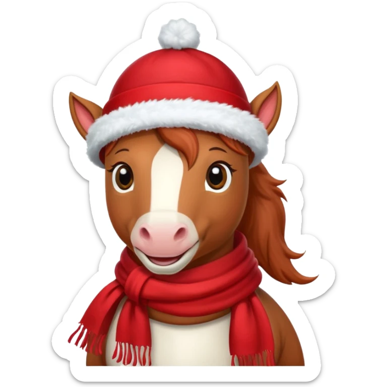a fairy-tale funny winter horse in a red hat with a white scarf sticker