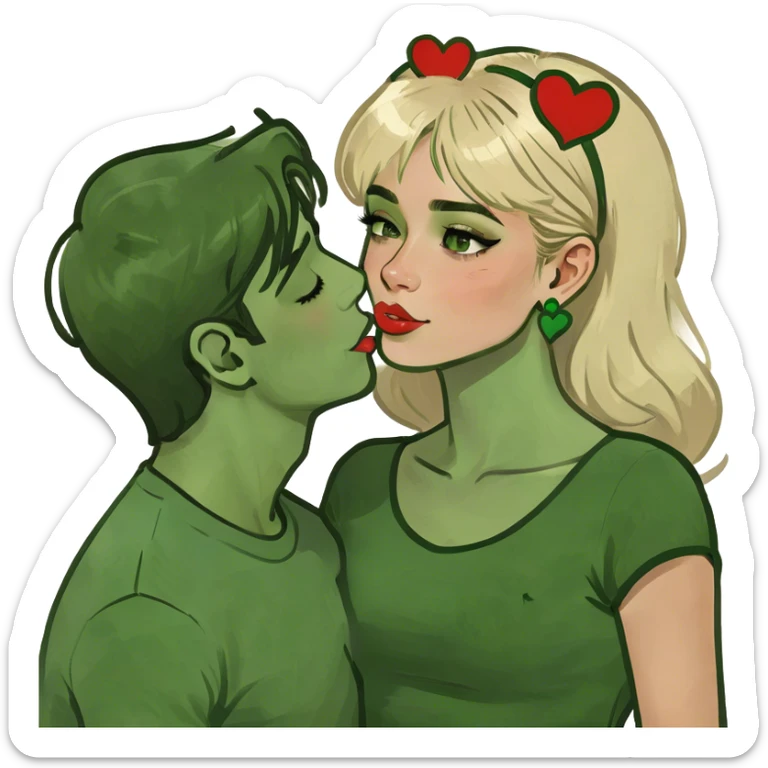 una chica rubia de ojos verdes dándole un beso a un chico moreno de ojos marrones verdosos con este corazón en el medio💘 sticker