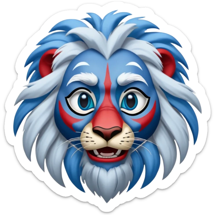 "Create a cartoon-style emoji of Rafiki's face from The Lion King. He should have his iconic blue and red facial markings, wise and playful eyes, a long white beard, and gray fur. The emoji should be round, expressive, and colorful, capturing Rafiki’s mystical and joyful personality. The background should be transparent." sticker