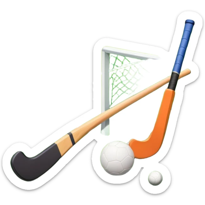 A field hockey stick and ball on a vibrant green grass field, with goalposts and clear field markings in the background. The scene emphasizes the bright, lush grass, highlighting the fast-paced and strategic nature of hockey on a well-maintained pitch. sticker
