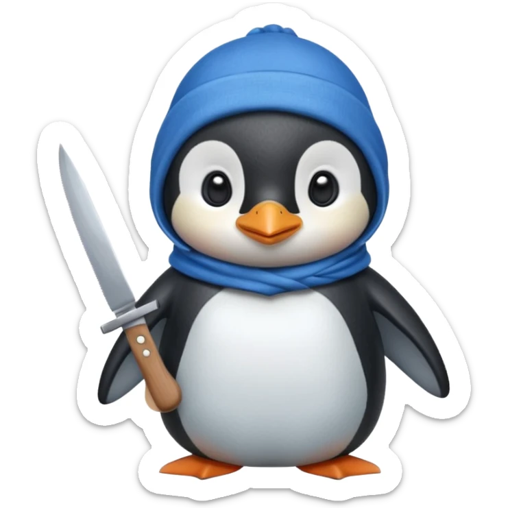 Cute and little penguin wearing a blue cloth in his head and holding a  knife  sticker