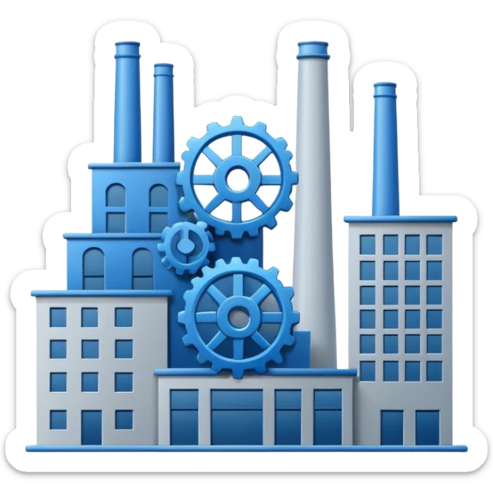 "A minimalist vector icon of a modern manufacturing factory building with a gear symbol above it. Blue and grey color scheme, flat design, white background, simple thick lines, professional business logo style." sticker