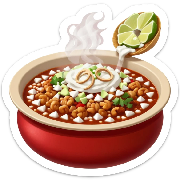 A delicious hot bowl of pozole rojo emoji. Steam rising. Hominy visible. Place the sides next to the bowl: chopped onions, shredded cabbage, lime wedges, red chile de arbol salsa, and full round tostadas with a light smear of sour cream sticker