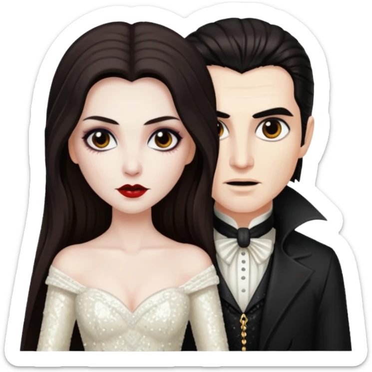 Bride of Dracula with long dark brown hair, ivory sequin outfit sticker
