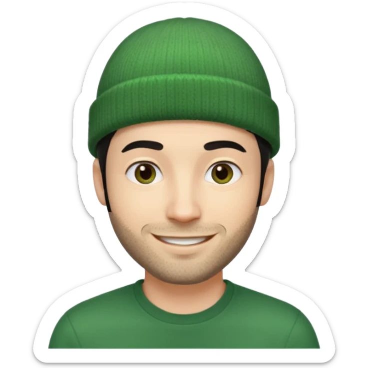 30-year-old French man with short black hair, green beanie, stubble, smiling sticker