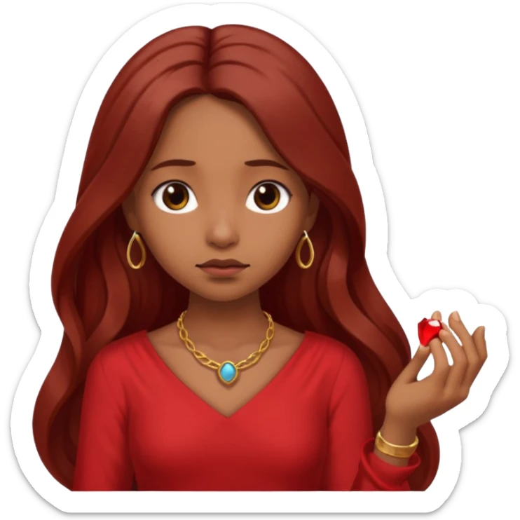 Brown girl red dress long hair sad face no jewelry just a ring in her hand  sticker