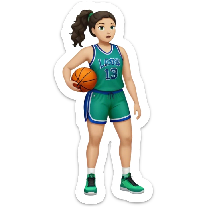 full body plus size light skin latino women basketball player with wavy dark hair in pony tail wide nose wearing blue with green uniform sticker