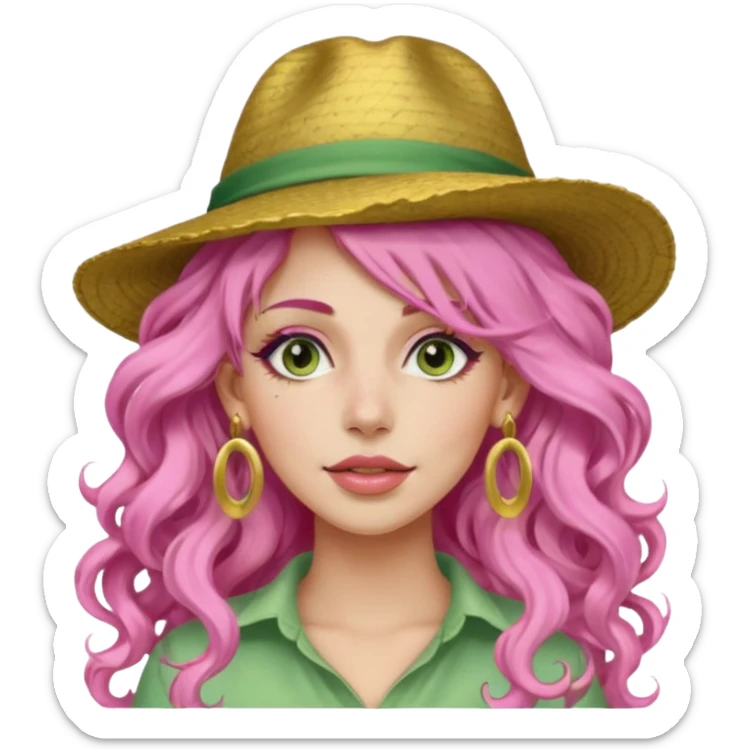 pink haired very long curly haired woman with full face light green clay mask  and big earrings and hat sticker