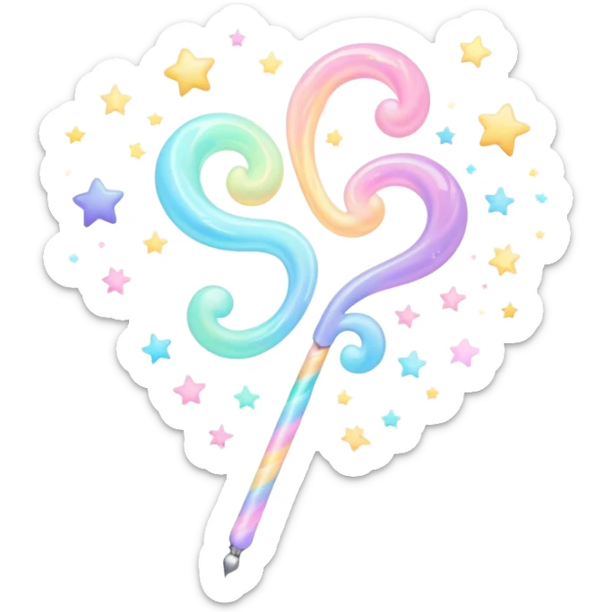 Cinematic cute magical wand, pastel swirls of color, tiny twinkling stars floating around, glowing softly, chubby rounded edges, whimsical and dreamy. sticker