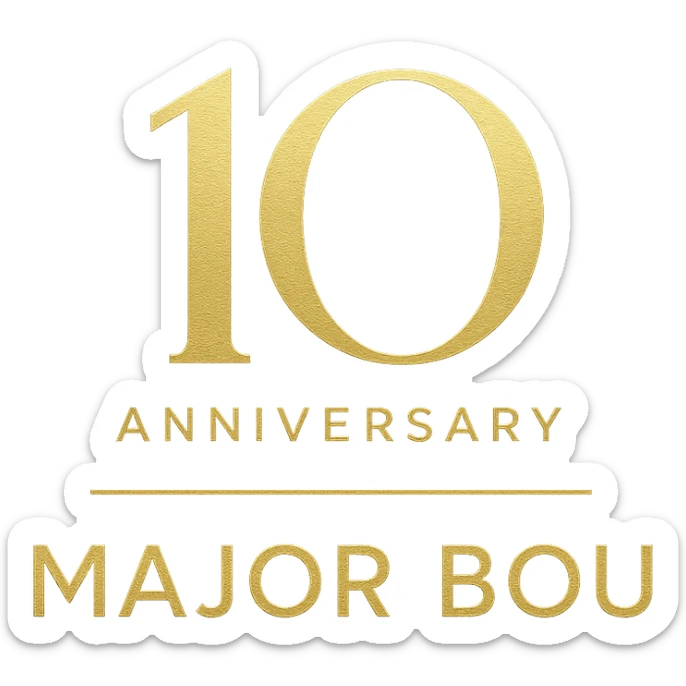 Elegant 10th anniversary logo for Major Bou with gold accents and a modern sans-serif font sticker