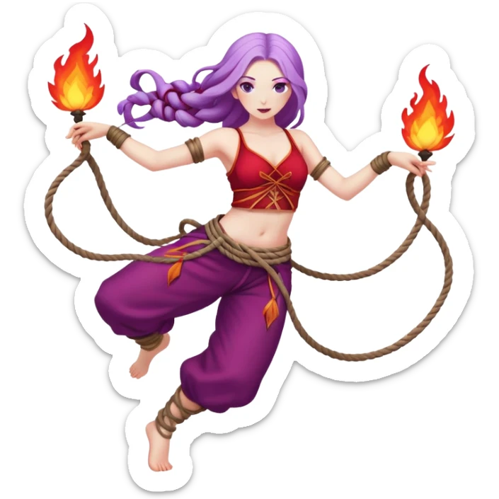 Full body rope Poi fire dance performer pale skin with long purple hair red clothes sticker