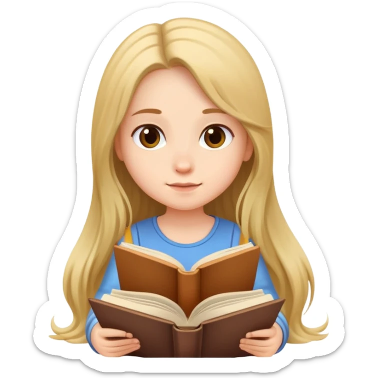 A cute girl with long hair sitting comfortably reading an open book sticker