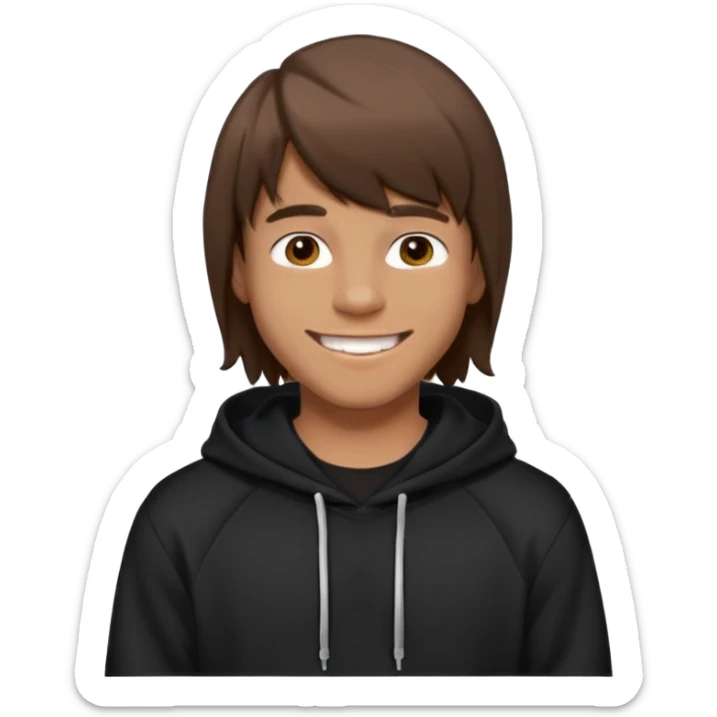 20 yr old man, brown hair, straight, big smile, white teeth, tanned skin, bangs, black hooded sweatshirt, long hair in back, middle parted bangs sticker