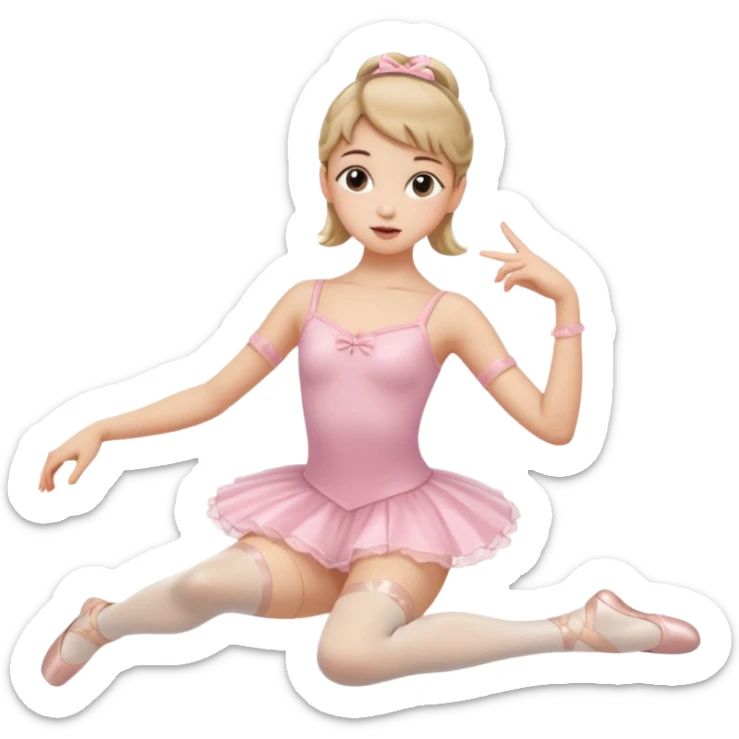 Una chica con vestuario de bailarina con las piernas flexionadas, el dedo índice en la boca, el tren superior inclinado hacia la izquierda y con la cadera proyectada hacia la izquierda sticker