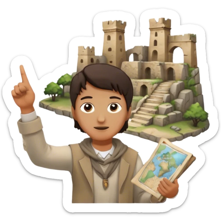 Icon for Documentary Film: A traveler in casual clothing standing and pointing towards ancient ruins, explaining history. The scene should evoke a sense of exploration, with the traveler holding a map or scroll. Include crumbling stones and historical artifacts. Transparent background. sticker