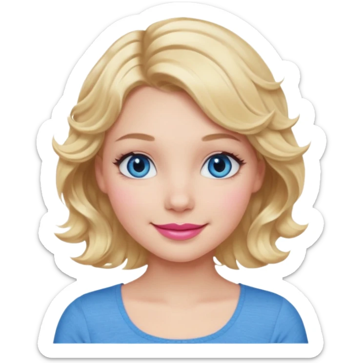 Girl Blonde short wavy hair,  blue eyes, cute blue top, long lashes, pink lips, smiling, 🙅🏻‍♀️ sticker