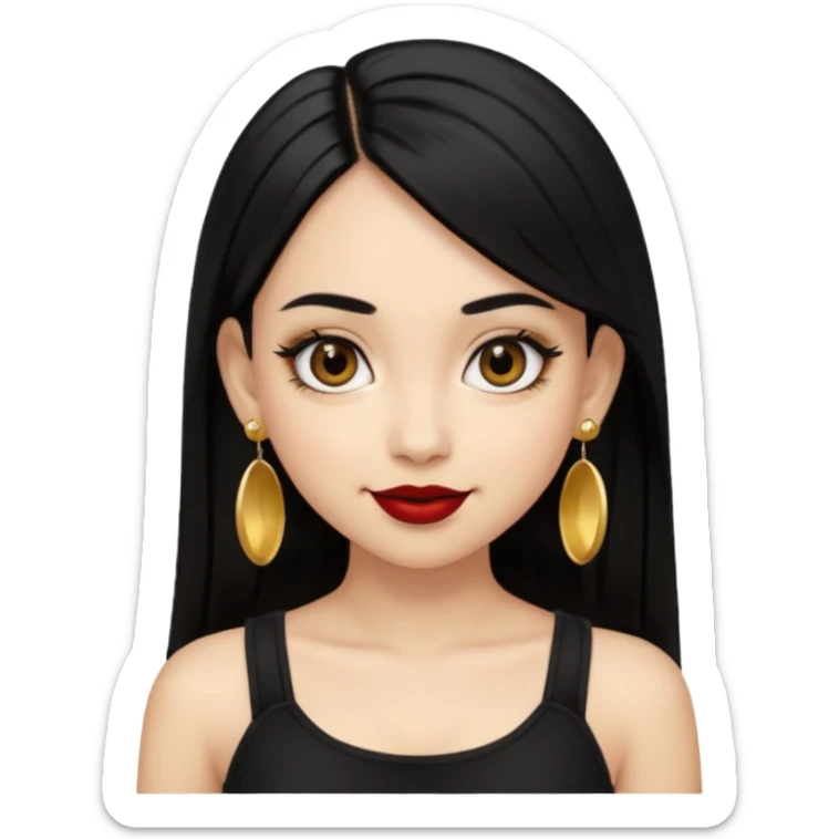 A light skinned girl with black hair, black eye, straight hair, big eyes, dark red lipstick, wearing black crop top and gold earrings, nosepiece  sticker