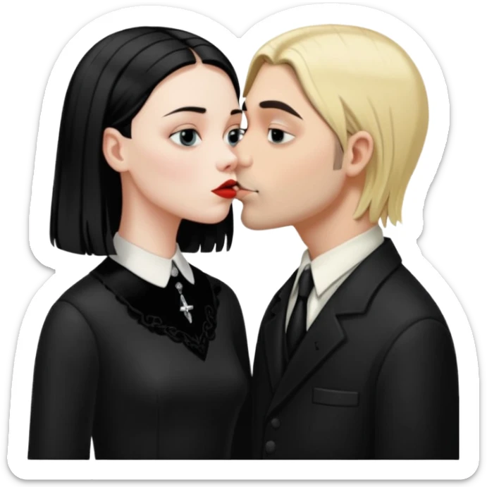 Realistic Wednesday addams kissing sweetly Kurt Cobain in the parlor sticker