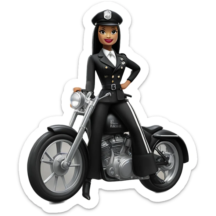 Jeffery New York Evening Gown Barbie, Wednesday Addams from academy, in vertically-striped dark-gray and black London police officer’s uniform with hat. Leaning back at the hips, riding a wheelie on a hot rod bike smiling  sticker