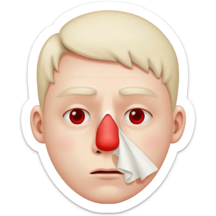sick person with tissue on nose, fever and red nose. sticker