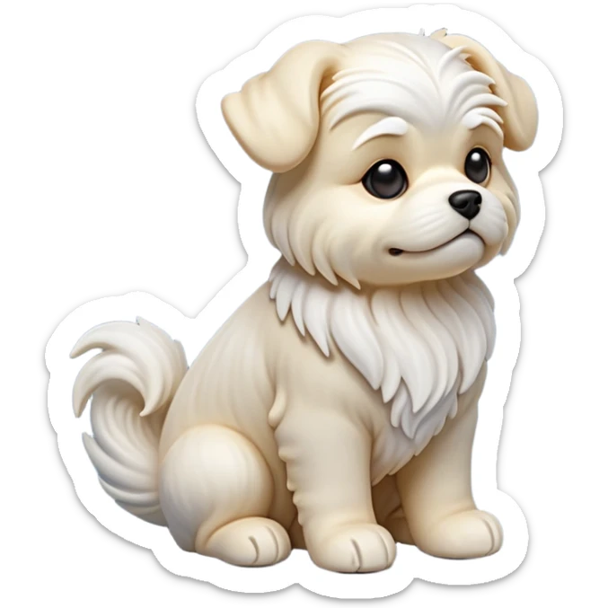 detailed-[Maltese dog]-realistic-full-body-sitting-emoji,-tail-resting-loosely-beside-its-paws,-head-tilted-dramatically, -wavy-[cream white]-fur,-simplified-yet-realistic-focused-features,-highly-detailed,-glowing-with-an-almost-sarcastic-glow sticker