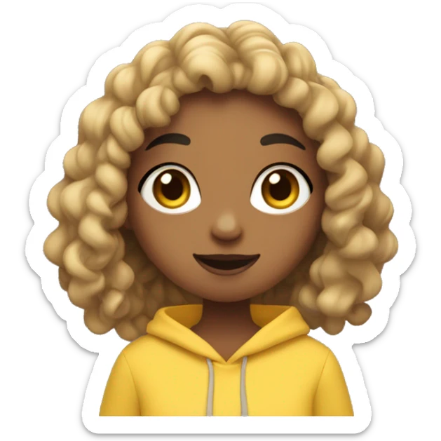 Girl wearing yellow hoodie with black coloured wavy curly hair (2 braids) and bangs eating blueberries. She is not black or white she is south Asian so light brown sticker