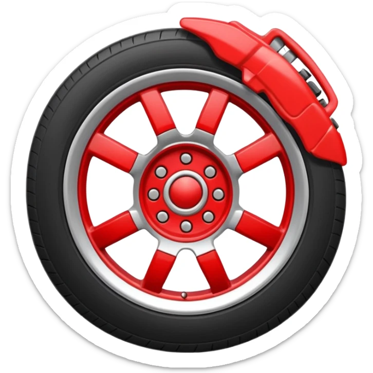 Apple-style emoji of a car wheel with a red brake caliper, clean simple emoji design, smooth shapes, flat yet slightly glossy look, centered on transparent background, no text, no extra details
 sticker