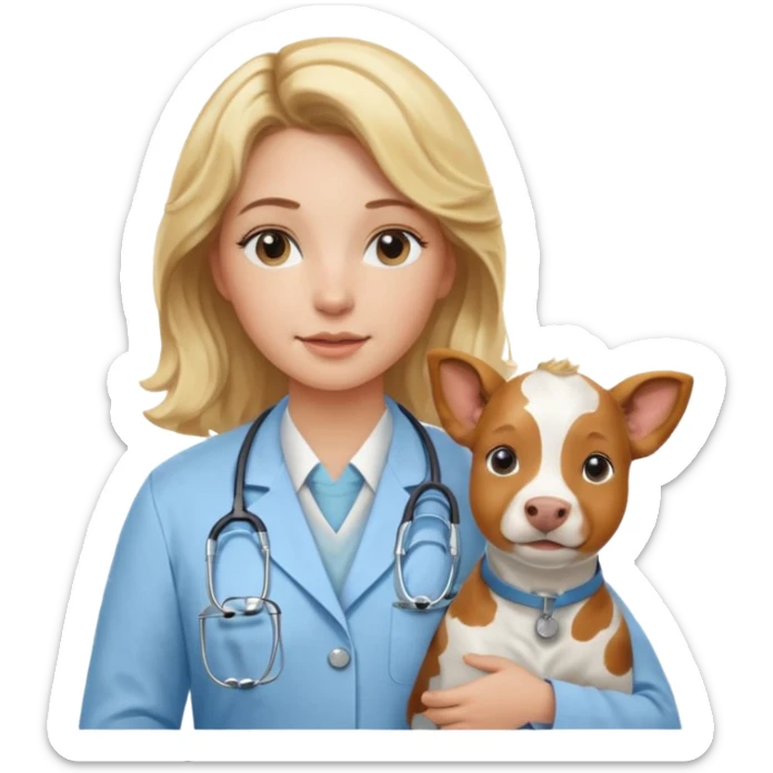 Joven mujer, de cabello bajo los hombros rubio con ondas y partidura al medio.  veterinaria de perros, vacas y caballos, con traje clínico celeste, sin delantal blanco sticker