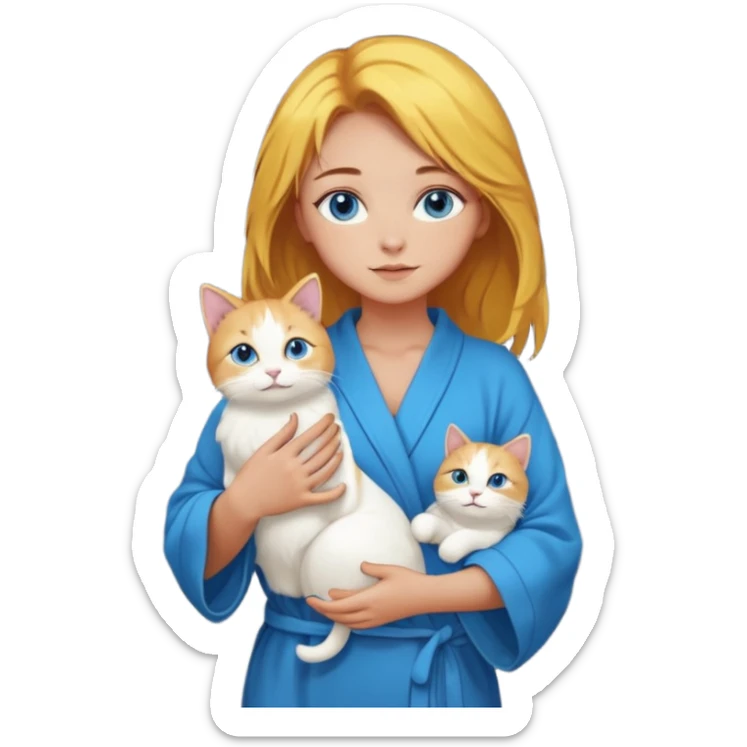 lightly tanned skin, blue eyes, cute and sexy girl with bright yellow-brown hair in a dark sky pallete robe, golden rings, slight cute makeup, full body, slightly turned aside pose, holding a cat in hands sticker