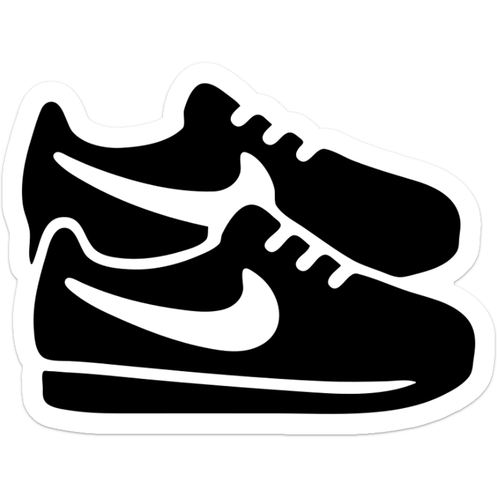 A pair of Nike Cortez sneakers in a black filled icon style, with a minimalist design. sticker