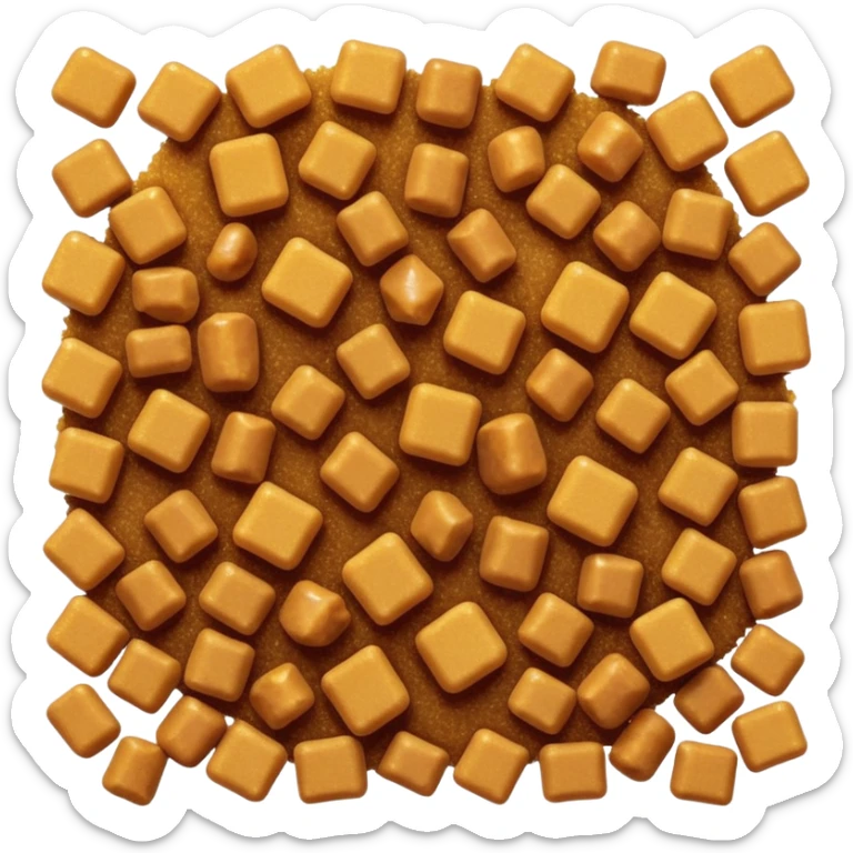 scatter of golden-brown sugar crystals, warm amber color, coarse and irregular matte grains, lightly clumped, natural molasses content, no spoon, bowl, or packaging, soft lighting, subtle shadows, transparent background, emoji scale sticker