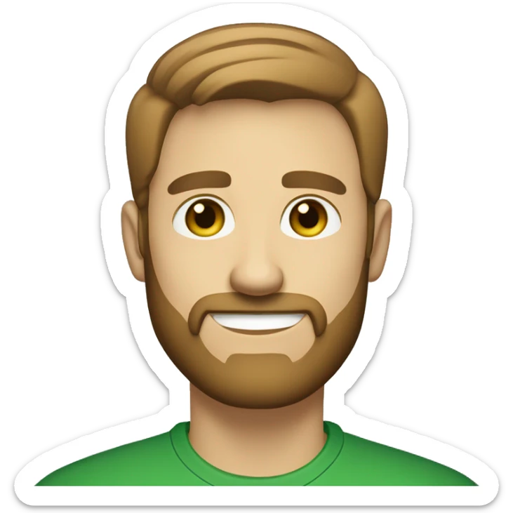 Create a cartoon-like emoji of a man with short, light brown hair, trimmed beard, light skin, and green eyes. Use bold lines and a solid background, keeping the style simple and clean, without exaggerated features. sticker